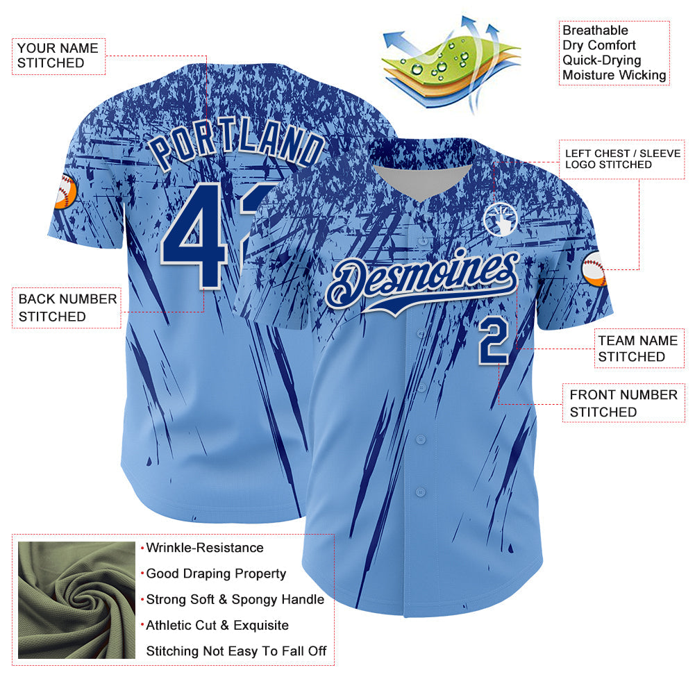 Custom Light Blue Royal-White Distressed Scratch Brush Stroke Authentic Baseball Jersey view 3