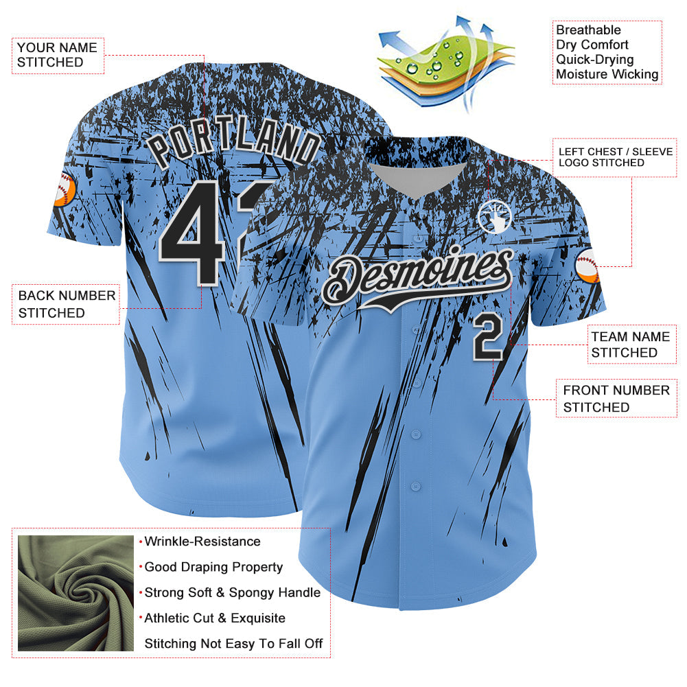 Custom Light Blue Black-White Distressed Scratch Brush Stroke Authentic Baseball Jersey view 3