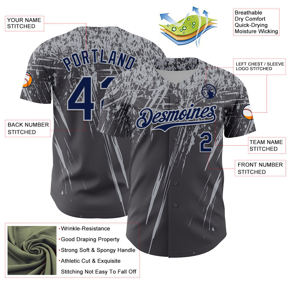 Custom Steel Gray Navy-Gray Distressed Scratch Brush Stroke Authentic Baseball Jersey view 3