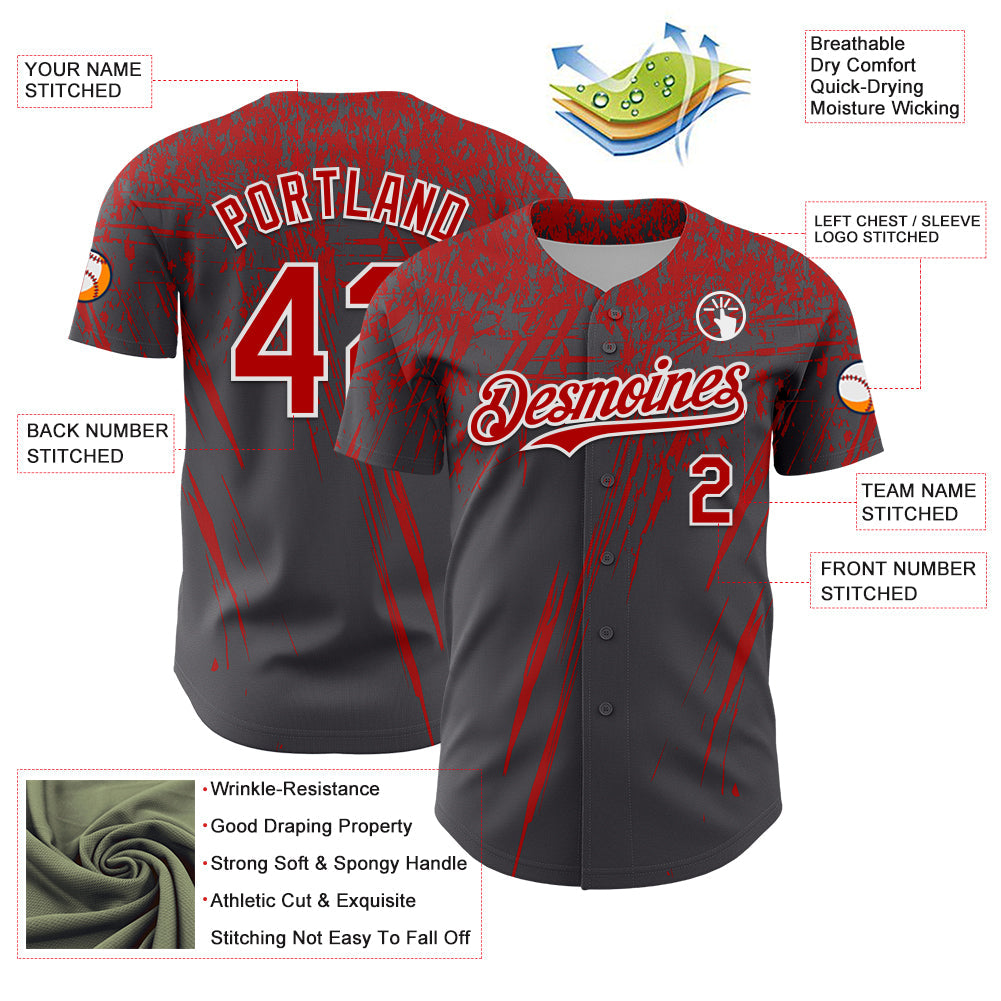 Custom Steel Gray Red-White Distressed Scratch Brush Stroke Authentic Baseball Jersey view 3