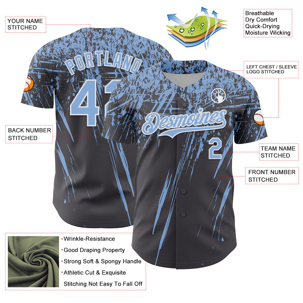 Custom Steel Gray Light Blue-White Distressed Scratch Brush Stroke Authentic Baseball Jersey view 3