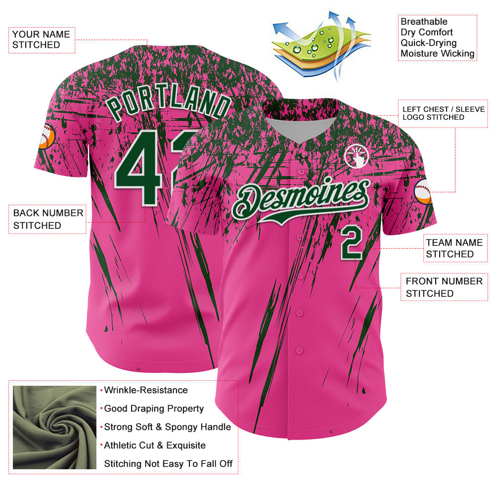 Custom Pink Green-White Distressed Scratch Brush Stroke Authentic Baseball Jersey view 3