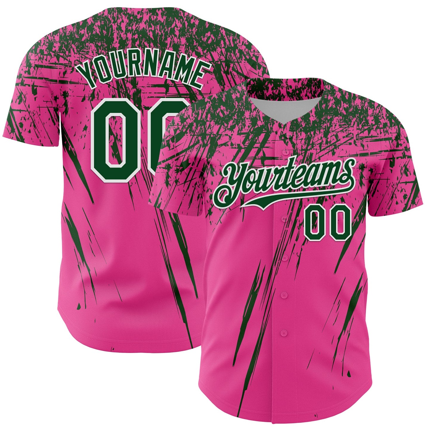 Custom Pink Green-White Distressed Scratch Brush Stroke Authentic Baseball Jersey - Main View