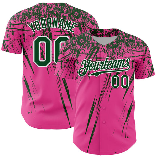 Custom Pink Green-White Distressed Scratch Brush Stroke Authentic Baseball Jersey - Main View