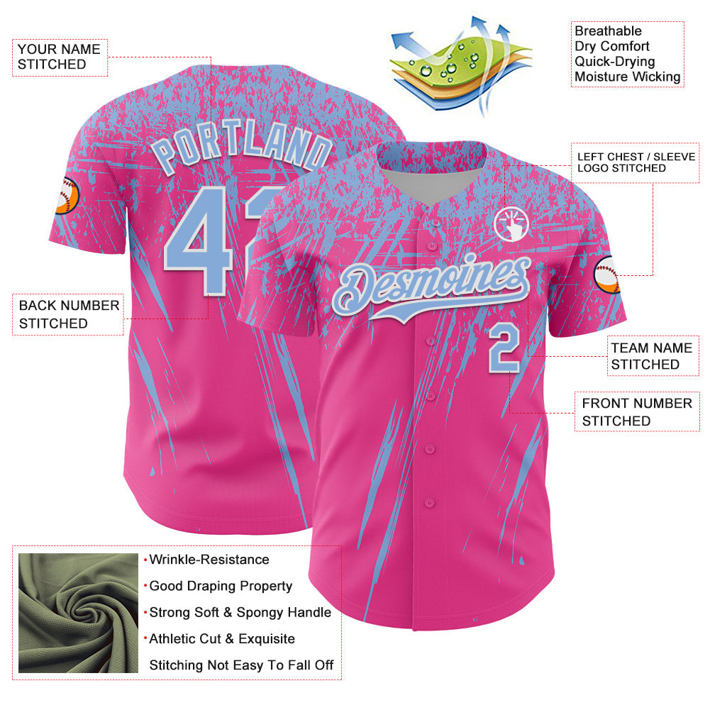 Custom Pink Light Blue-White Distressed Scratch Brush Stroke Authentic Baseball Jersey view 3