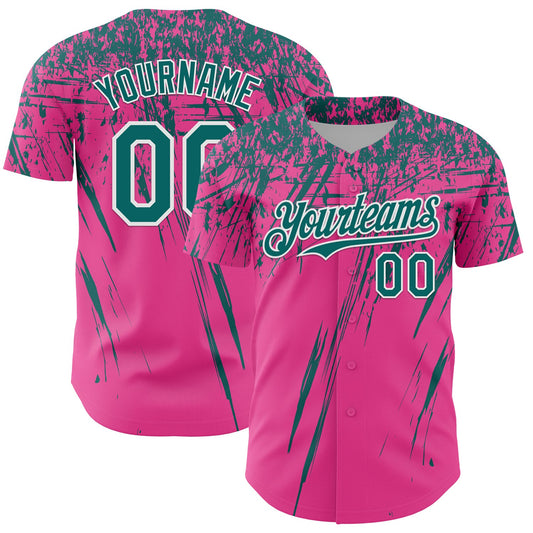 Custom Pink Teal-White Distressed Scratch Brush Stroke Authentic Baseball Jersey - Main View