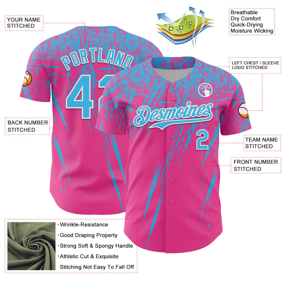 Custom Pink Sky Blue-White Distressed Scratch Brush Stroke Authentic Baseball Jersey view 3
