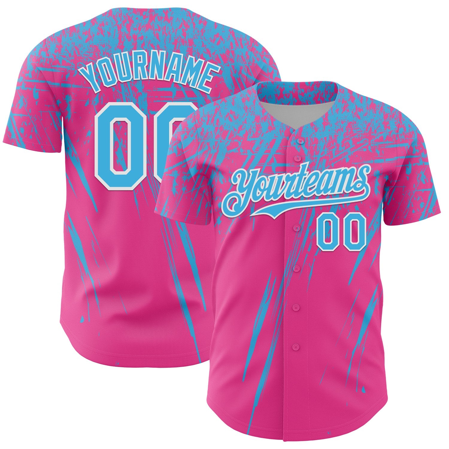 Custom Pink Sky Blue-White Distressed Scratch Brush Stroke Authentic Baseball Jersey - Main View