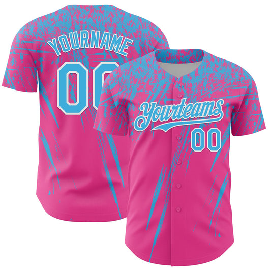 Custom Pink Sky Blue-White Distressed Scratch Brush Stroke Authentic Baseball Jersey - Main View
