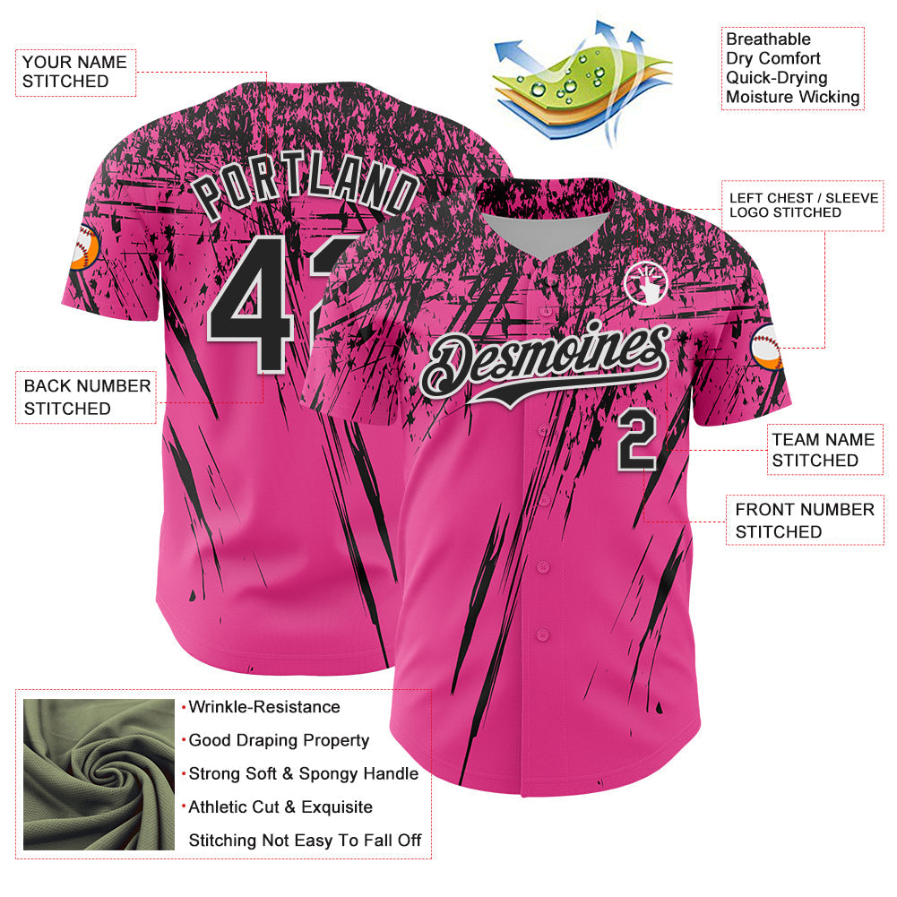 Custom Pink Black-White Distressed Scratch Brush Stroke Authentic Baseball Jersey view 3