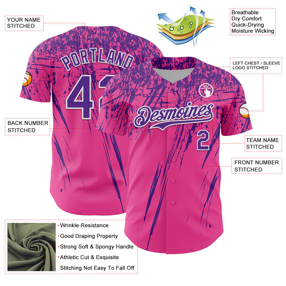 Custom Pink Purple-White Distressed Scratch Brush Stroke Authentic Baseball Jersey view 3