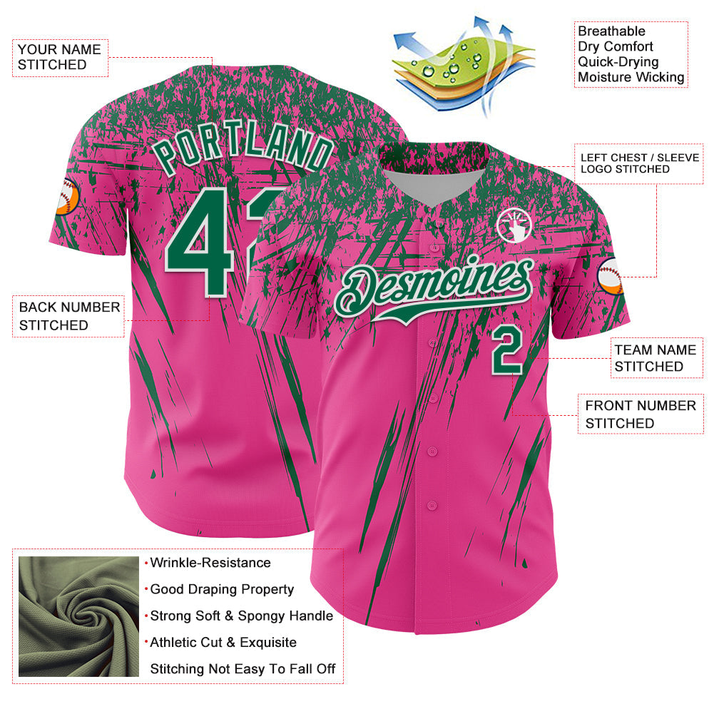 Custom Pink Kelly Green-White Distressed Scratch Brush Stroke Authentic Baseball Jersey view 3