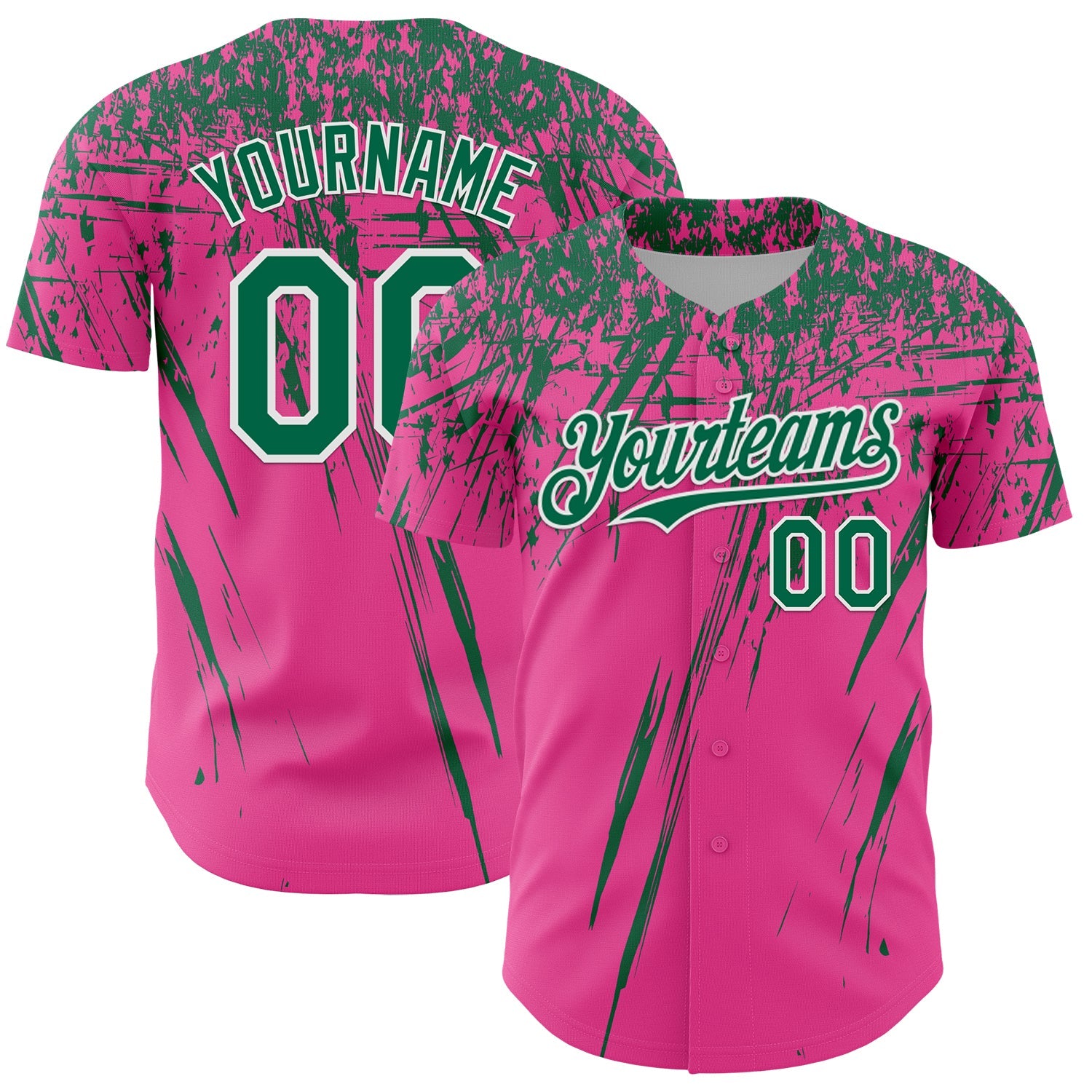 Custom Pink Kelly Green-White Distressed Scratch Brush Stroke Authentic Baseball Jersey - Main View