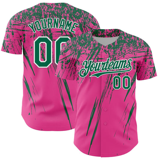 Custom Pink Kelly Green-White Distressed Scratch Brush Stroke Authentic Baseball Jersey - Main View