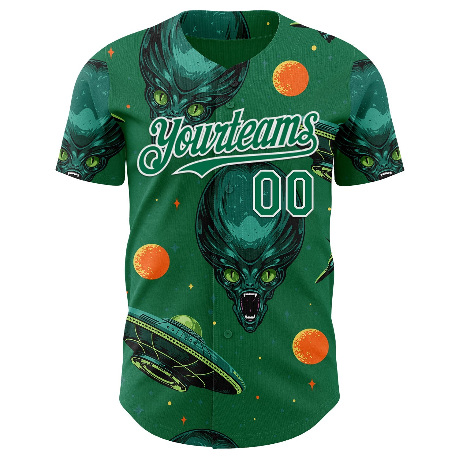 Custom Kelly Green White Alien UFO Space Authentic Baseball Jersey view 2