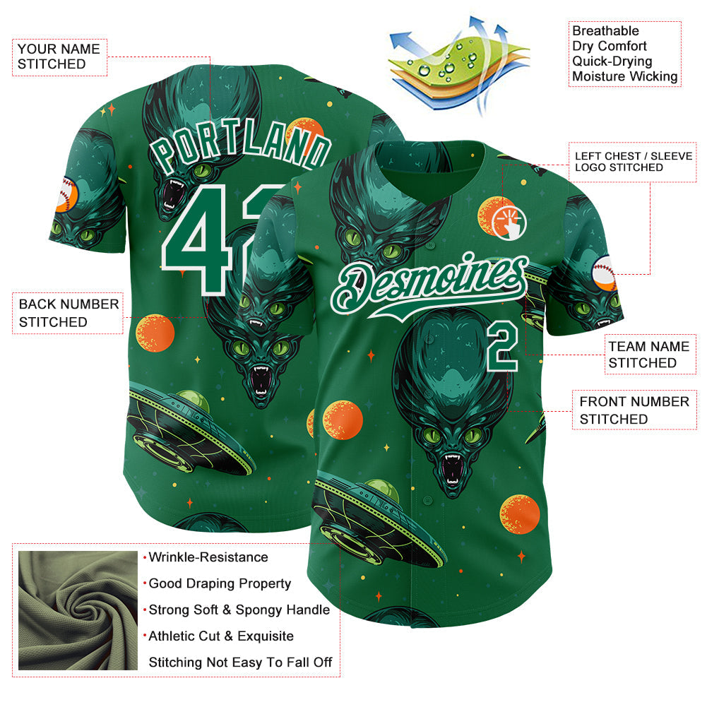 Custom Kelly Green White Alien UFO Space Authentic Baseball Jersey view 3