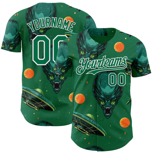 Custom Kelly Green White Alien UFO Space Authentic Baseball Jersey - Main View