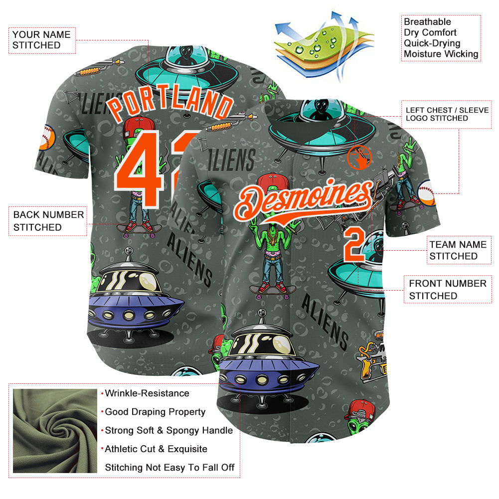 Custom Gray Orange-White Alien UFO Space Authentic Baseball Jersey view 3