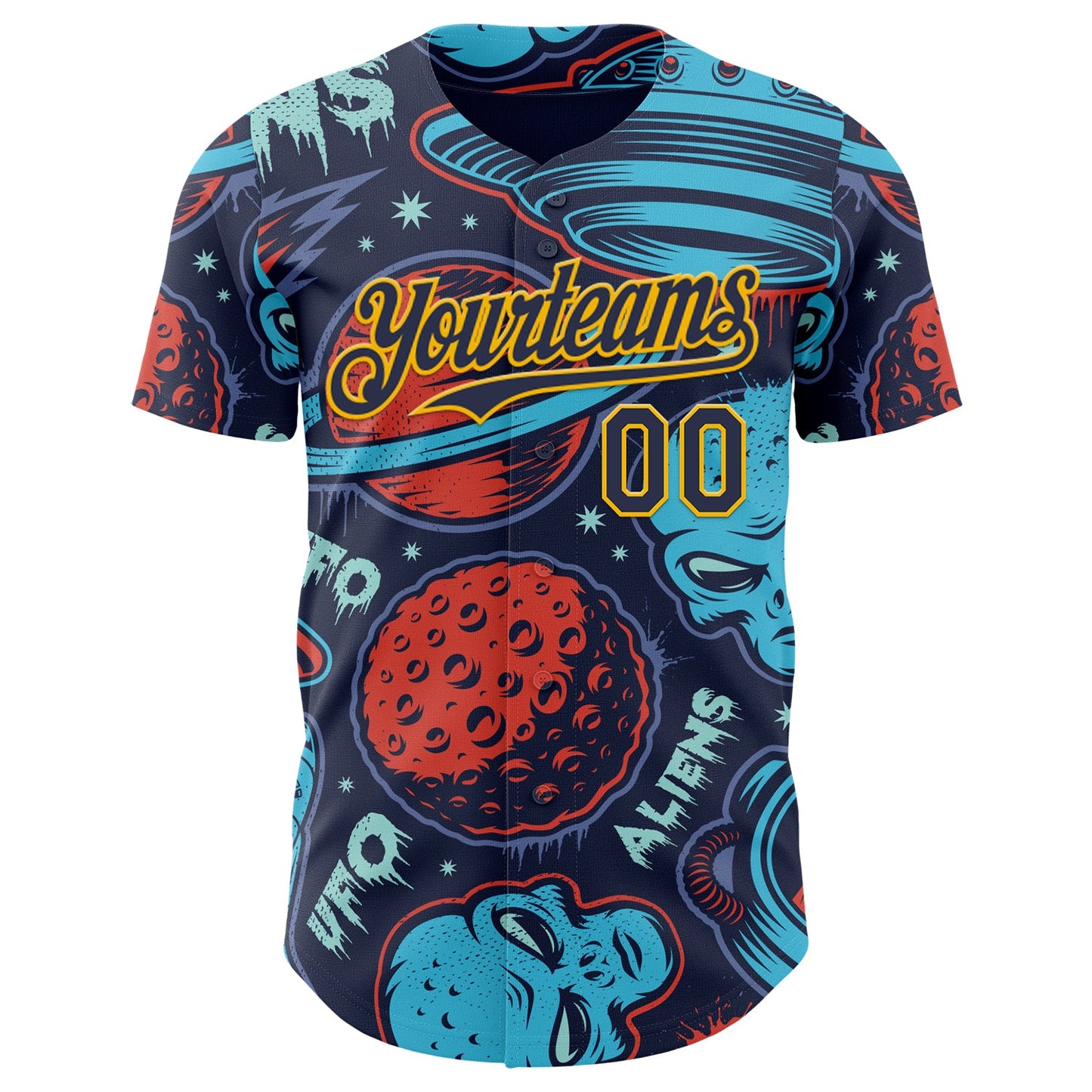 Custom Navy Gold Alien UFO Space Authentic Baseball Jersey view 2