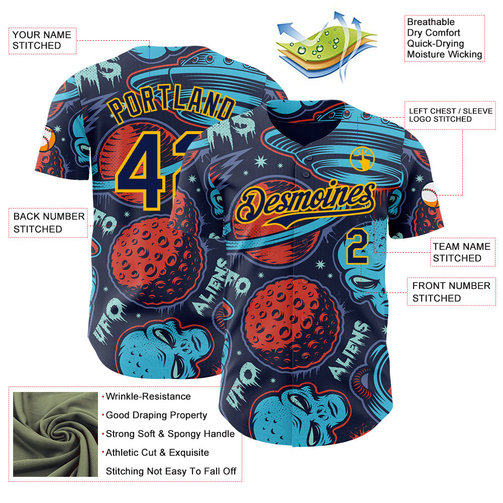 Custom Navy Gold Alien UFO Space Authentic Baseball Jersey view 3