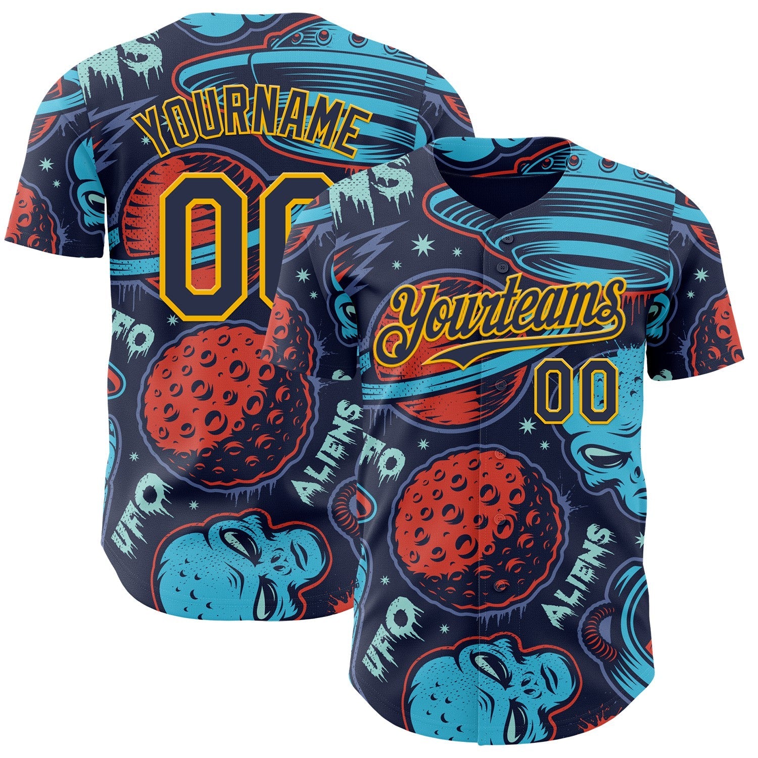 Custom Navy Gold Alien UFO Space Authentic Baseball Jersey - Main View