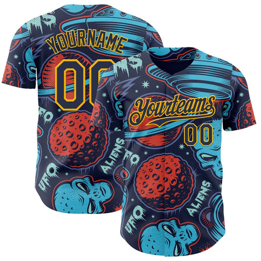 Custom Navy Gold Alien UFO Space Authentic Baseball Jersey - Main View