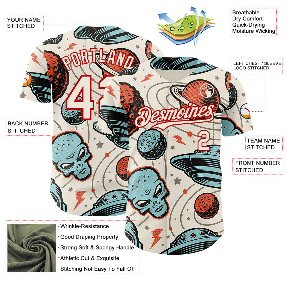 Custom Cream Red Alien UFO Space Authentic Baseball Jersey view 3