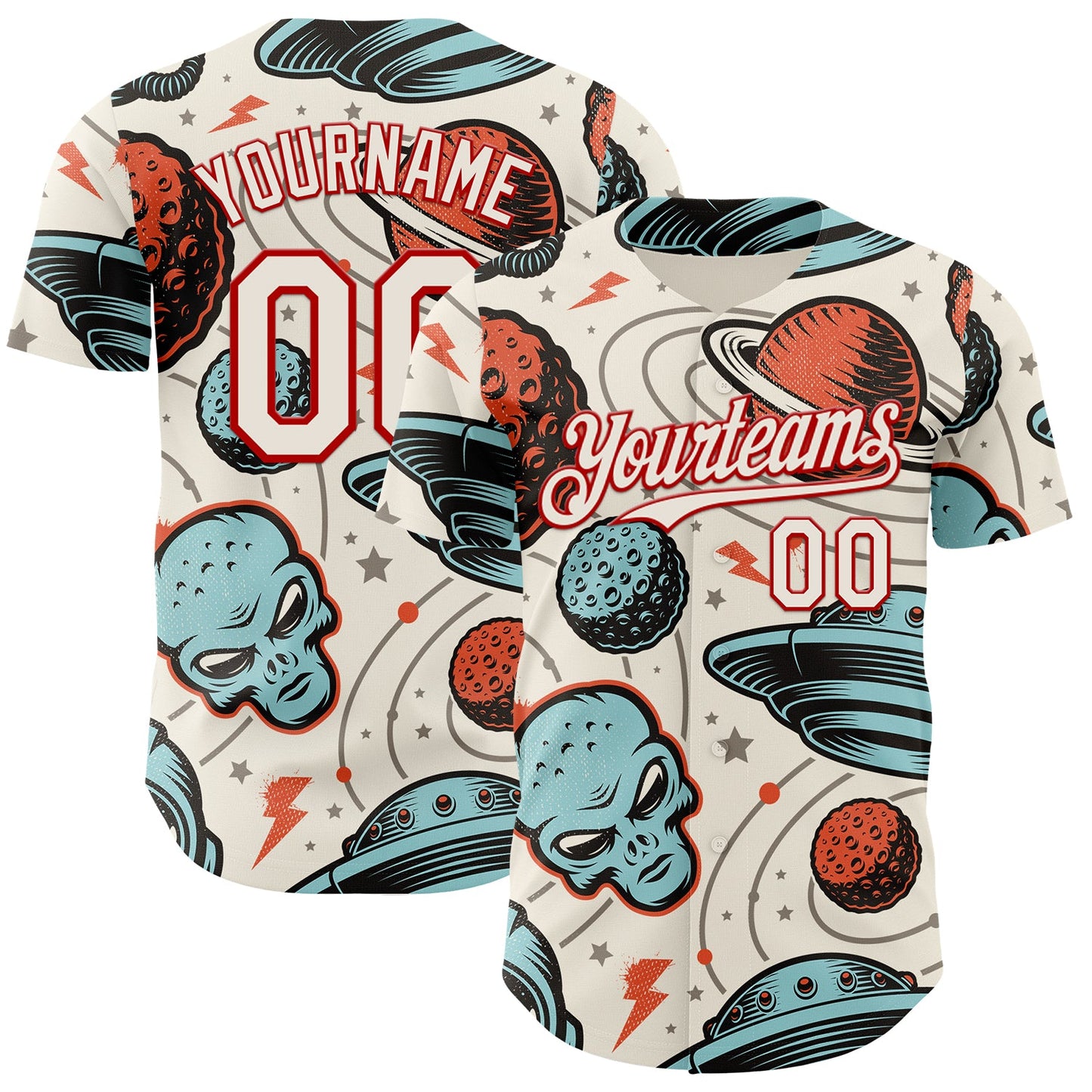 Custom Cream Red Alien UFO Space Authentic Baseball Jersey - Main View