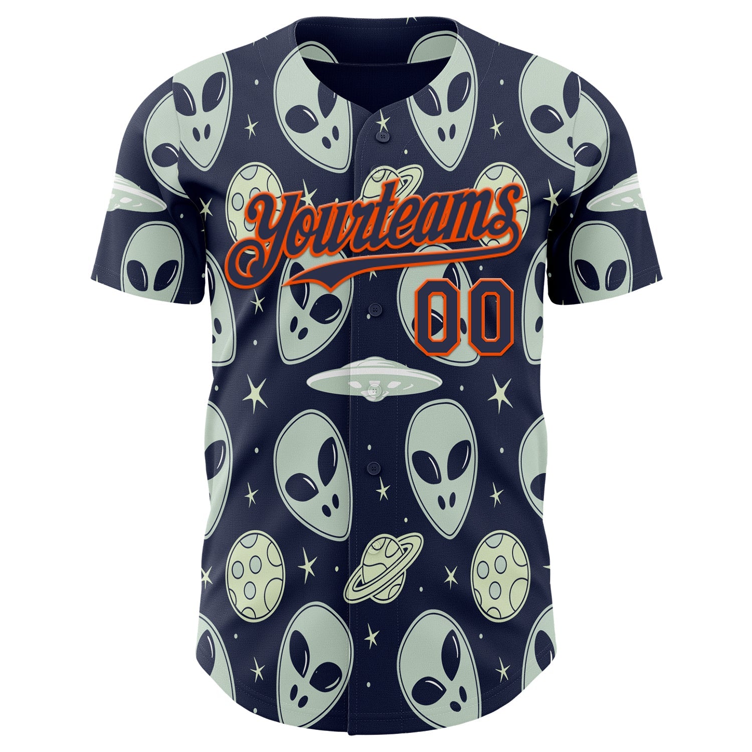 Custom Navy Orange Alien UFO Space Authentic Baseball Jersey view 2