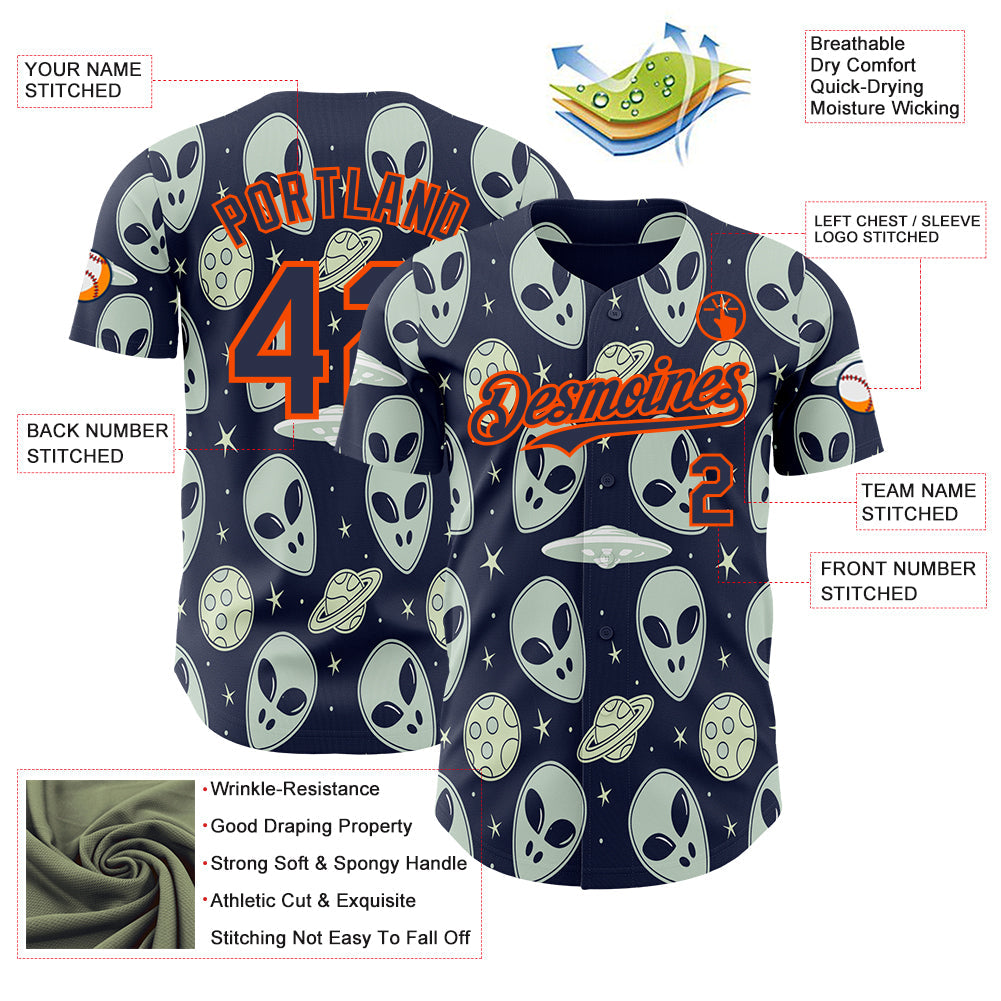 Custom Navy Orange Alien UFO Space Authentic Baseball Jersey view 3