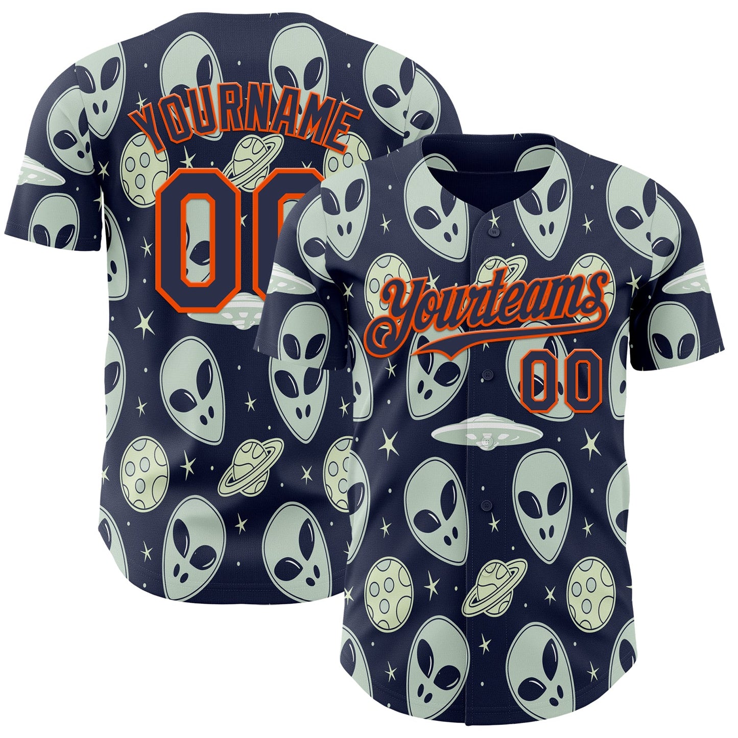 Custom Navy Orange Alien UFO Space Authentic Baseball Jersey - Main View