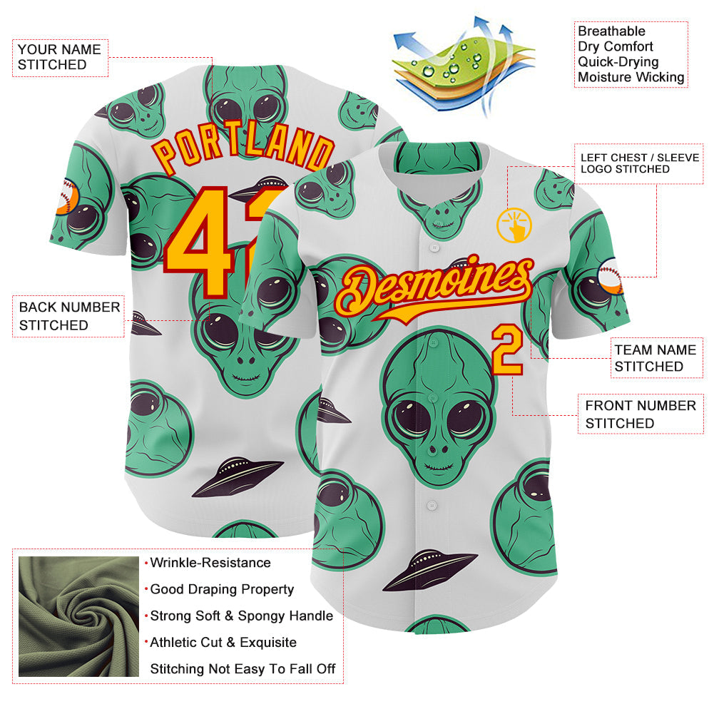 Custom White Gold-Red Alien UFO Space Authentic Baseball Jersey view 3