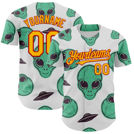 Custom White Gold-Red Alien UFO Space Authentic Baseball Jersey - Main View
