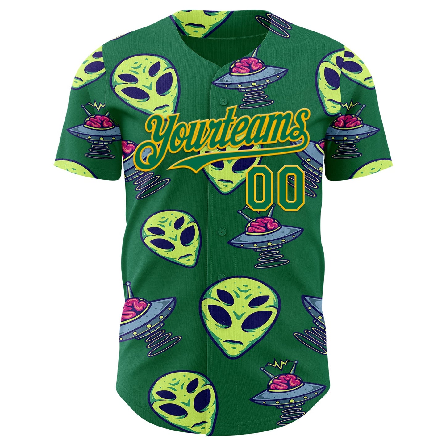 Custom Kelly Green Gold Alien UFO Space Authentic Baseball Jersey view 2