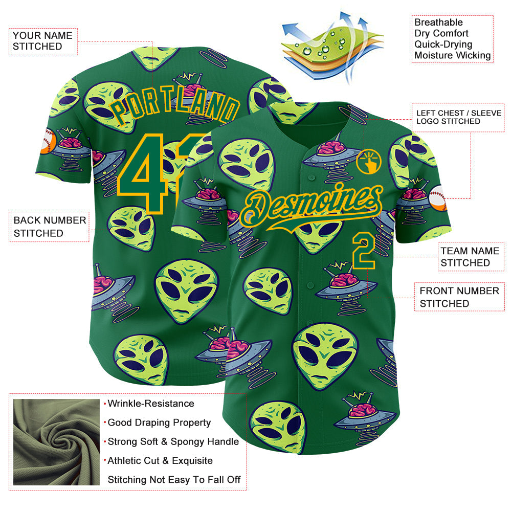 Custom Kelly Green Gold Alien UFO Space Authentic Baseball Jersey view 3