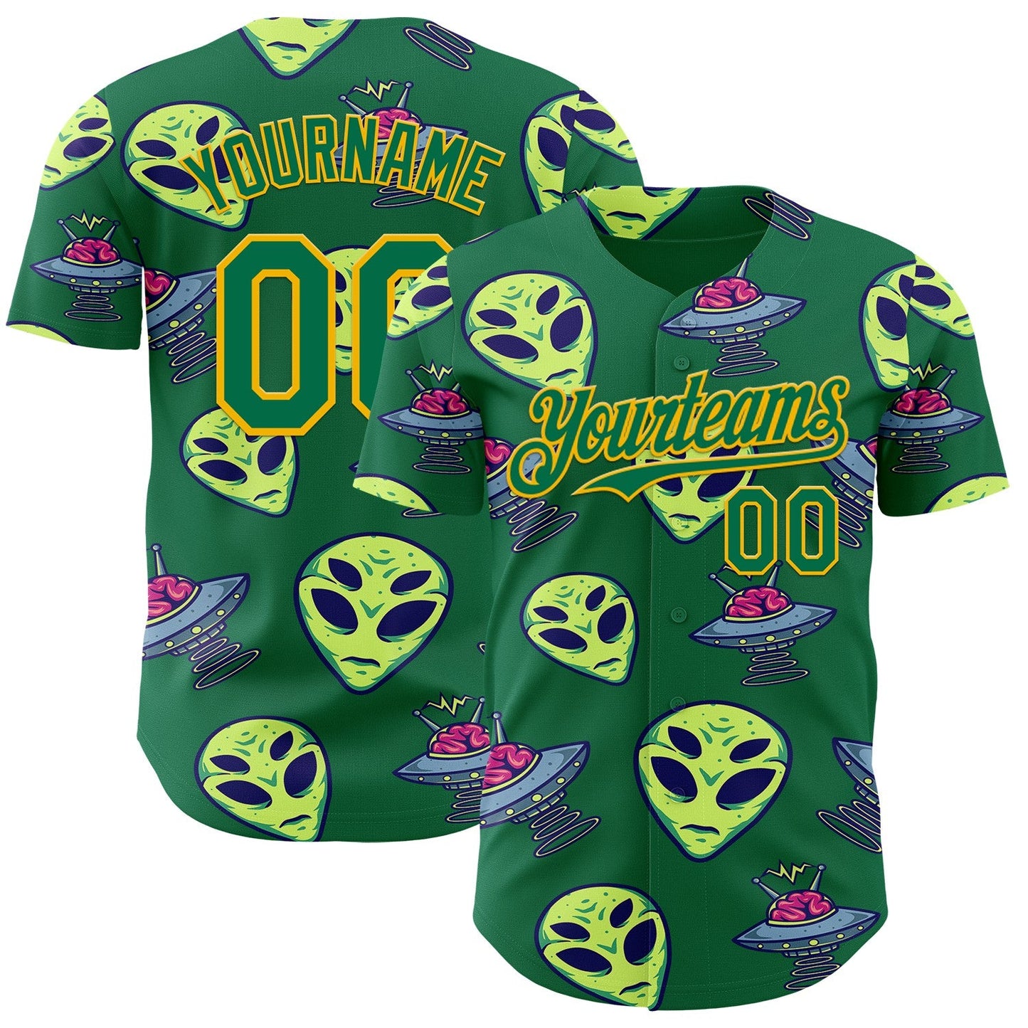 Custom Kelly Green Gold Alien UFO Space Authentic Baseball Jersey - Main View