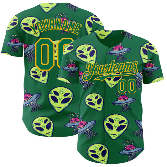 Custom Kelly Green Gold Alien UFO Space Authentic Baseball Jersey - Main View