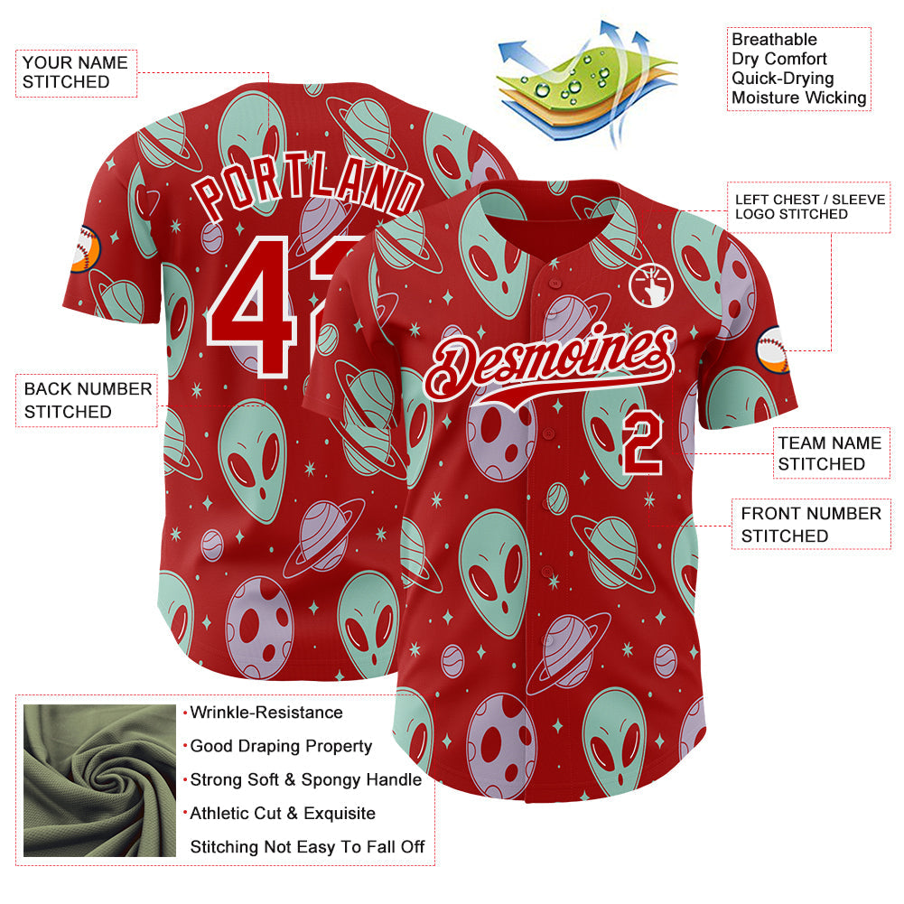 Custom Red White Alien UFO Space Authentic Baseball Jersey view 3