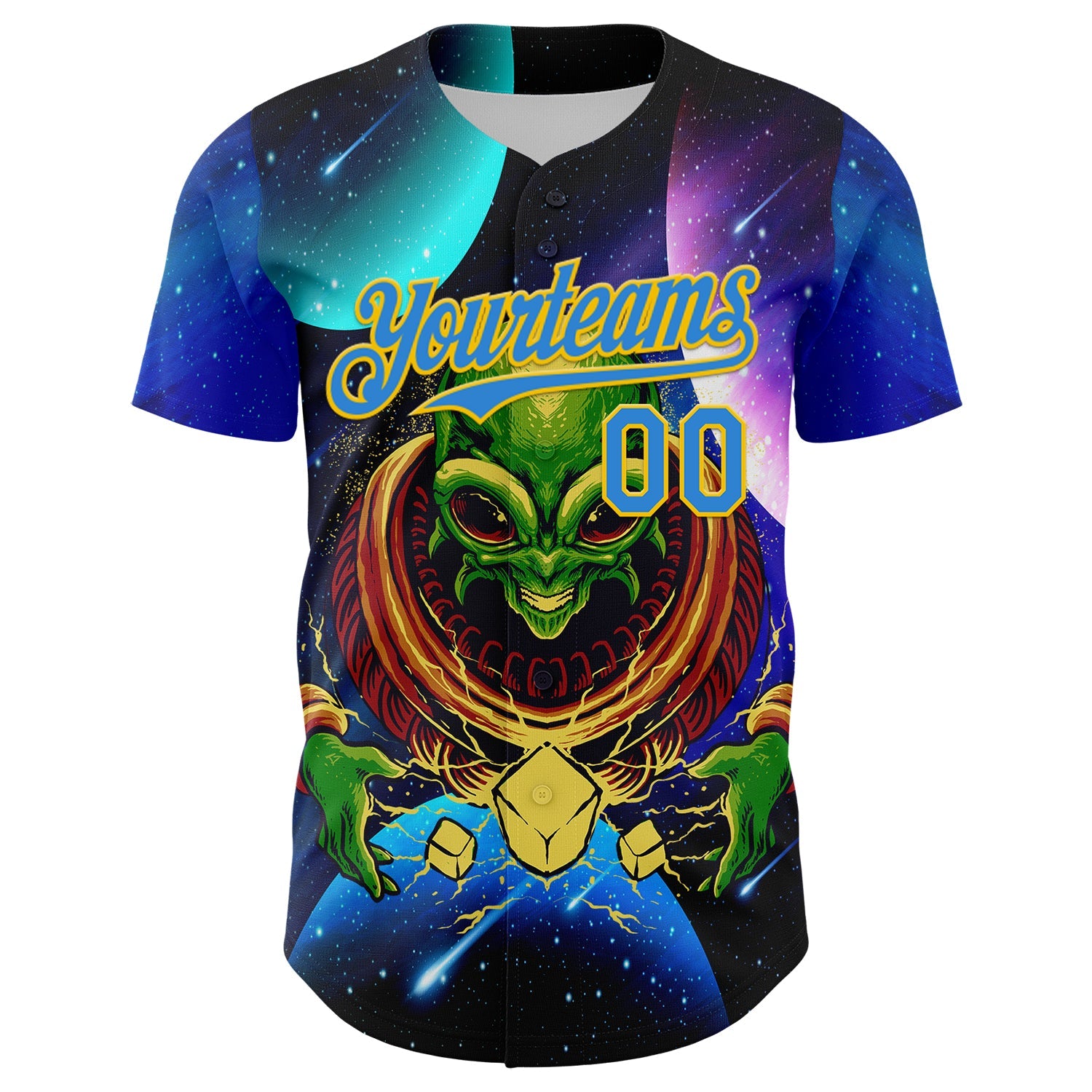 Custom Navy Electric Blue-Yellow Alien UFO Space Galaxy Authentic Baseball Jersey view 2