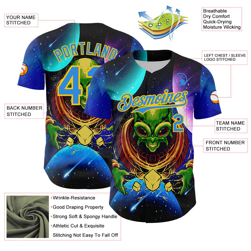 Custom Navy Electric Blue-Yellow Alien UFO Space Galaxy Authentic Baseball Jersey view 3