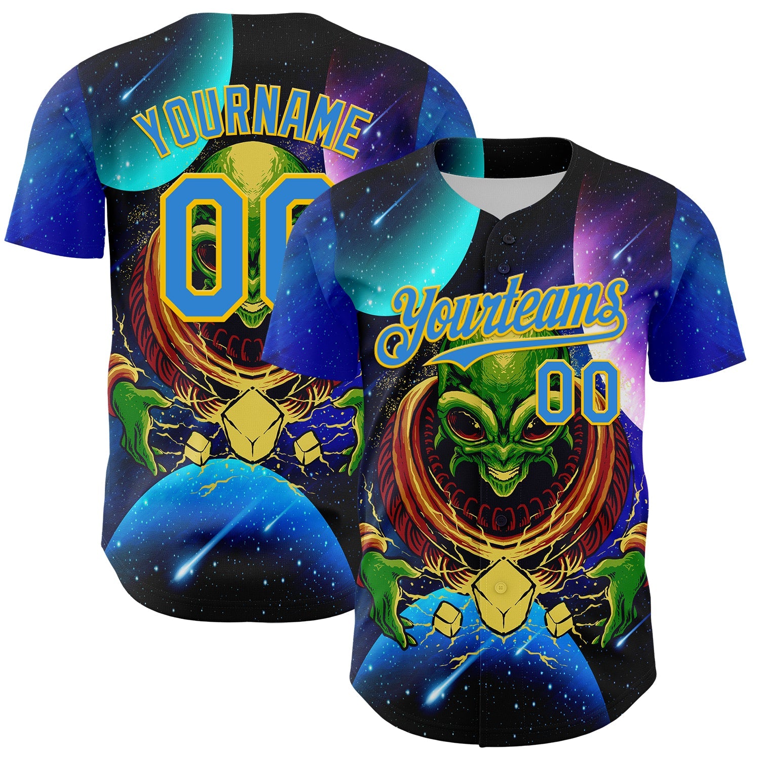 Custom Navy Electric Blue-Yellow Alien UFO Space Galaxy Authentic Baseball Jersey - Main View