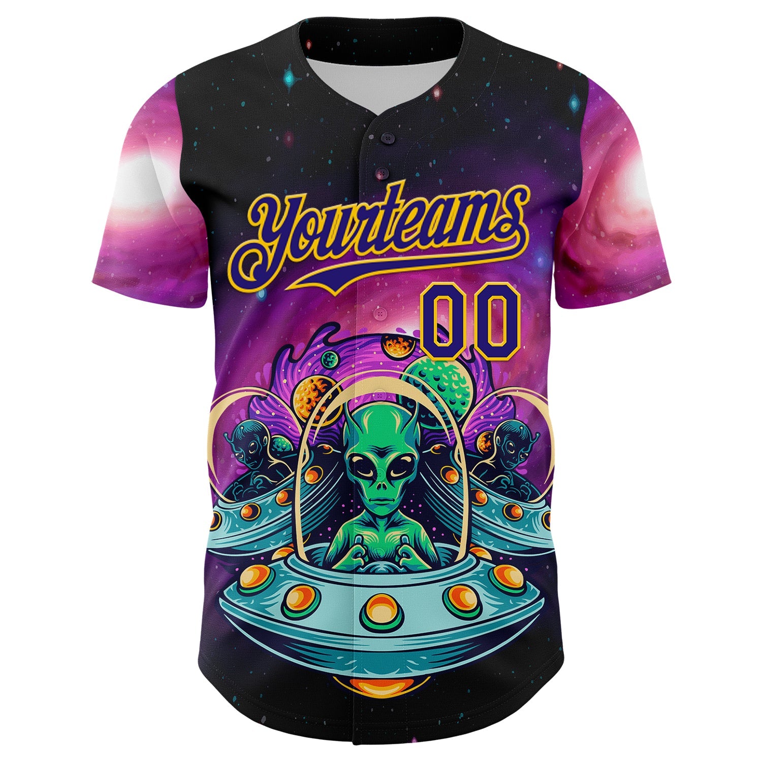 Custom Black Dark Purple-Yellow Alien UFO Space Galaxy Authentic Baseball Jersey view 2