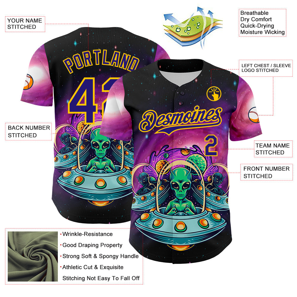Custom Black Dark Purple-Yellow Alien UFO Space Galaxy Authentic Baseball Jersey view 3