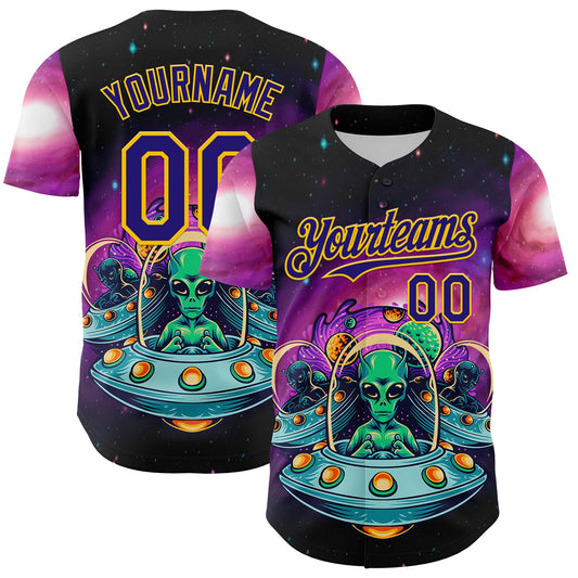 Custom Black Dark Purple-Yellow Alien UFO Space Galaxy Authentic Baseball Jersey - Main View