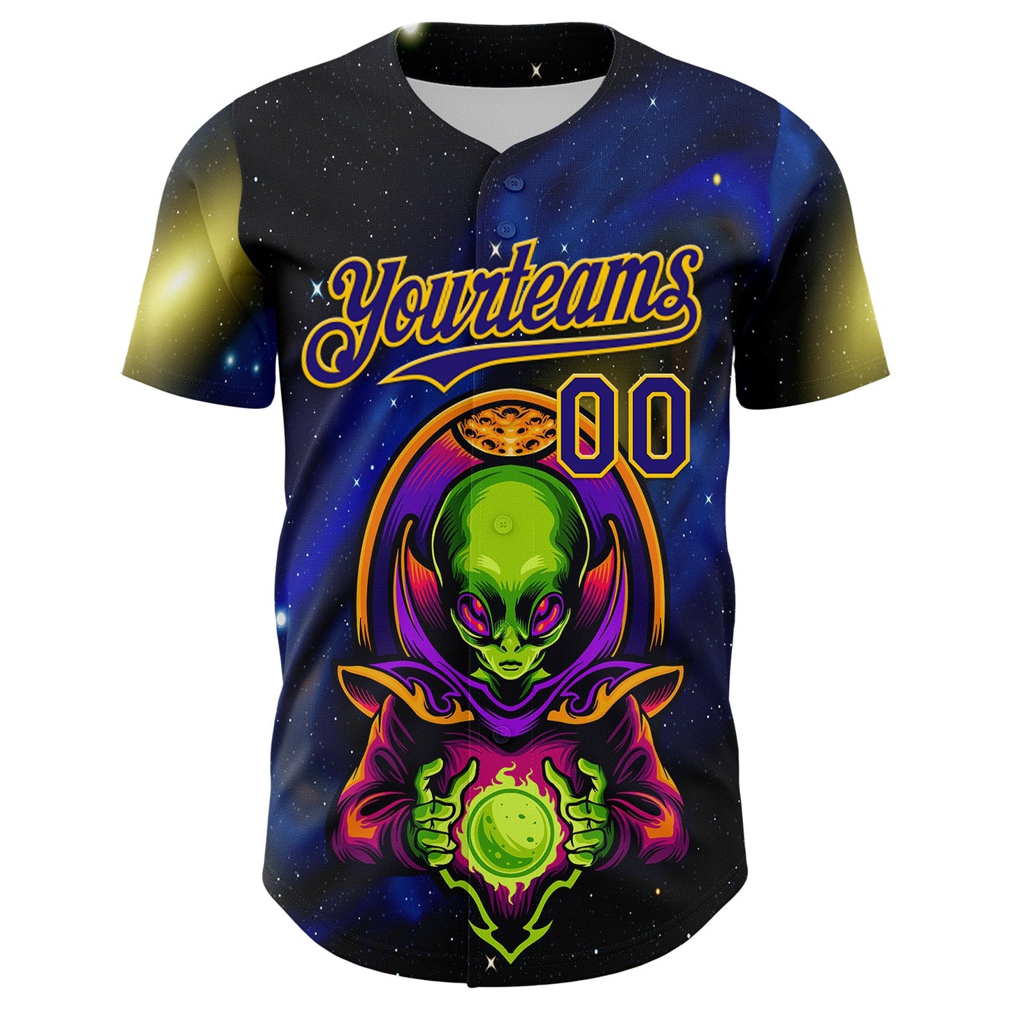 Custom Navy Dark Purple-Yellow Alien UFO Space Galaxy Authentic Baseball Jersey view 2
