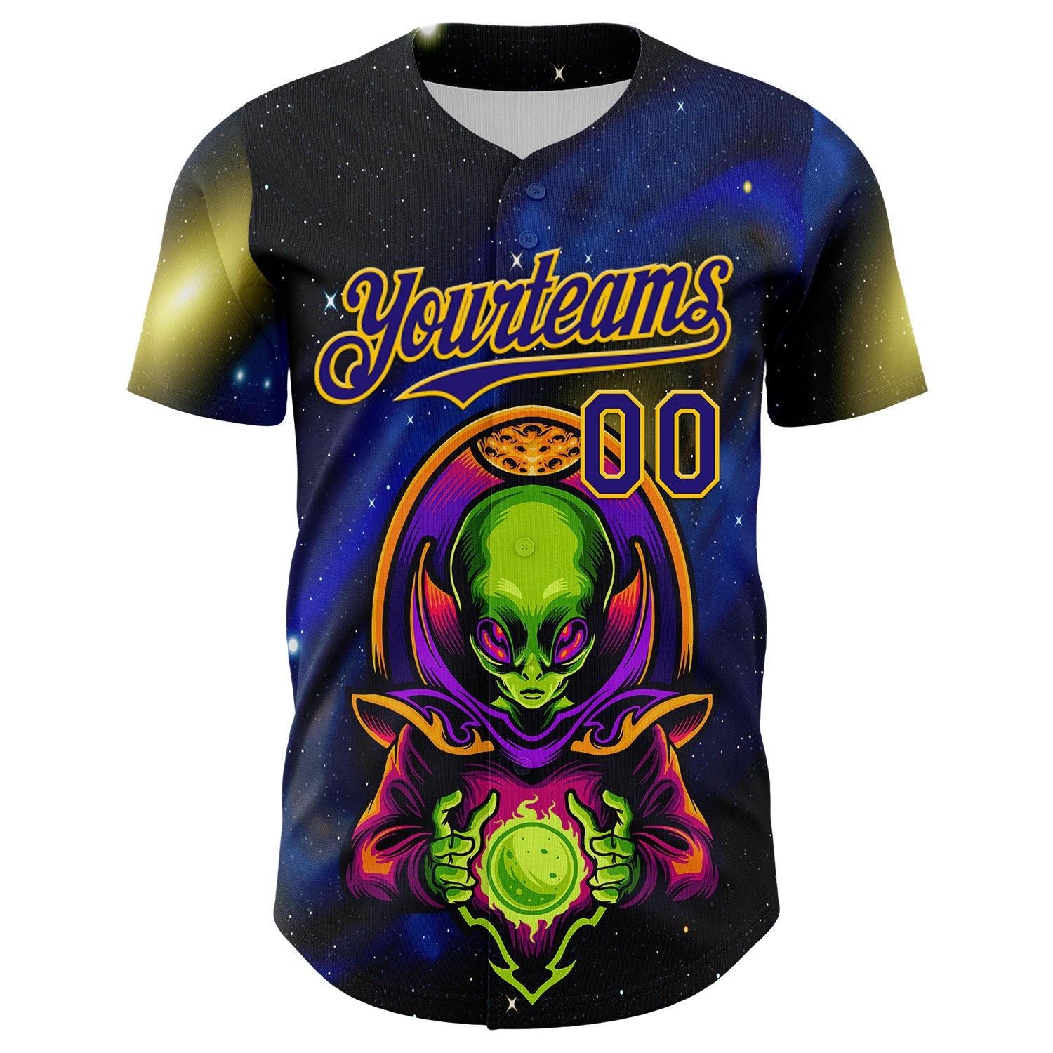 Custom Navy Dark Purple-Yellow Alien UFO Space Galaxy Authentic Baseball Jersey view 2