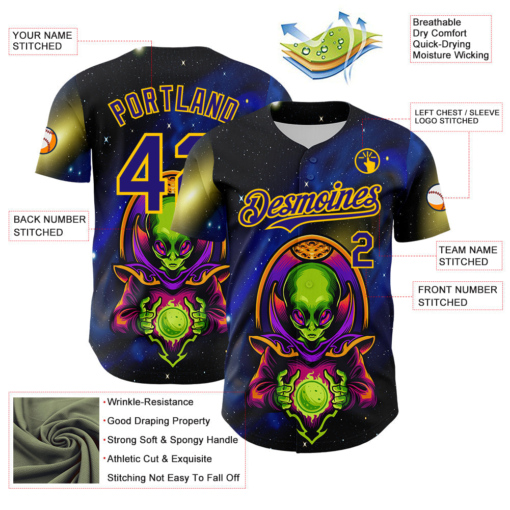 Custom Navy Dark Purple-Yellow Alien UFO Space Galaxy Authentic Baseball Jersey view 3