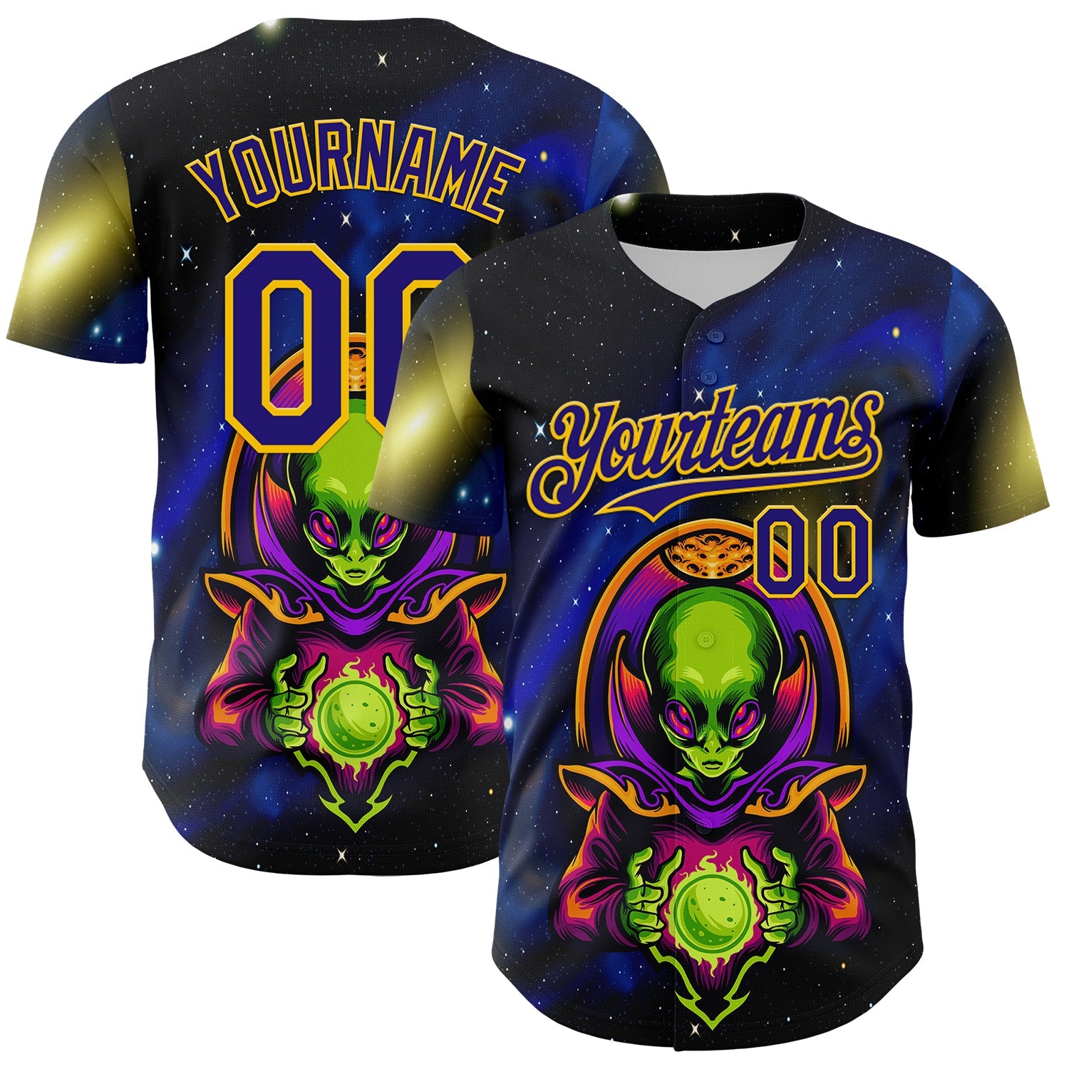 Custom Navy Dark Purple-Yellow Alien UFO Space Galaxy Authentic Baseball Jersey - Main View
