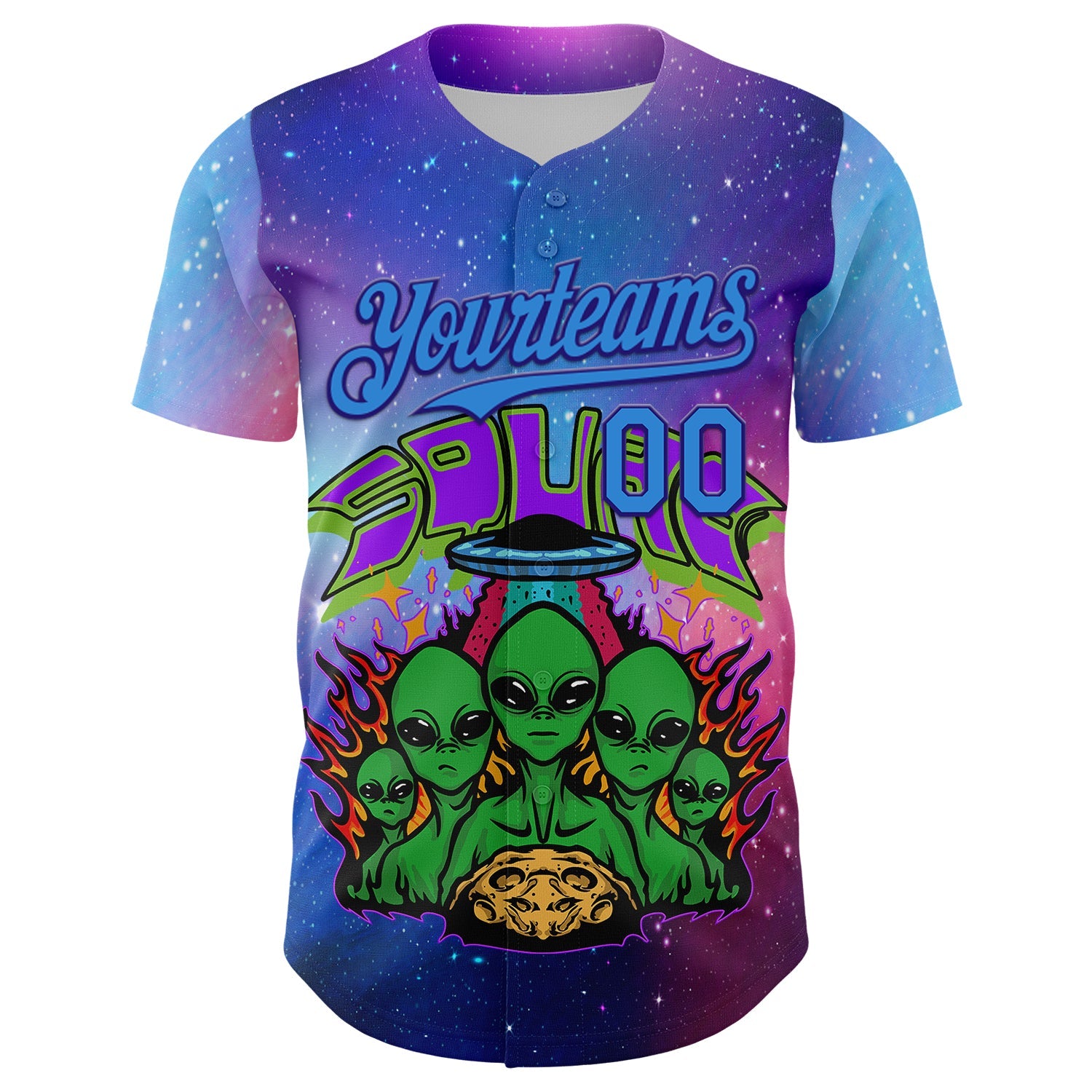 Custom Purple Electric Blue-Dark Purple Alien Family UFO Space Galaxy Flame Authentic Baseball Jersey view 2