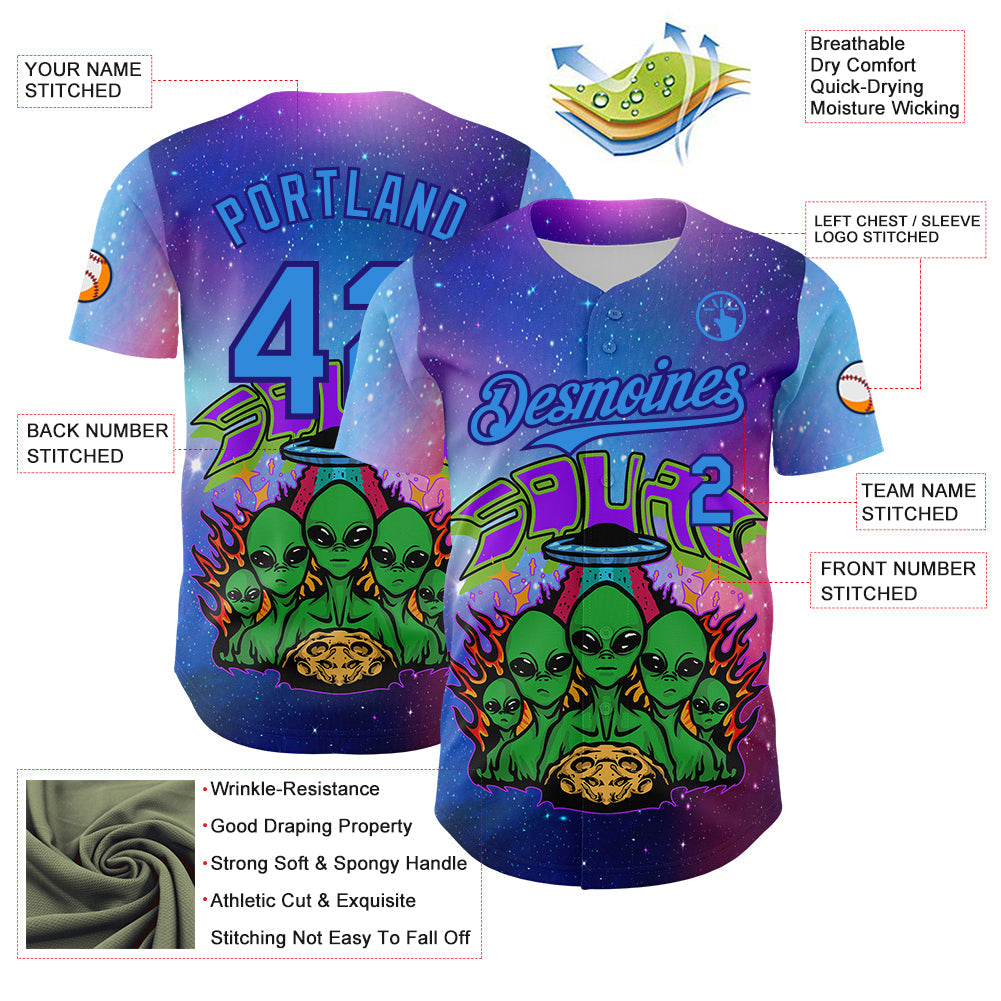 Custom Purple Electric Blue-Dark Purple Alien Family UFO Space Galaxy Flame Authentic Baseball Jersey view 3